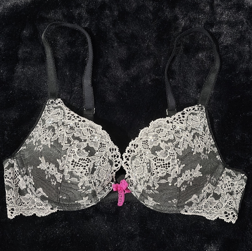 Victoria's Secret Black and White Lace Bra with Pink And Sparkle Accents